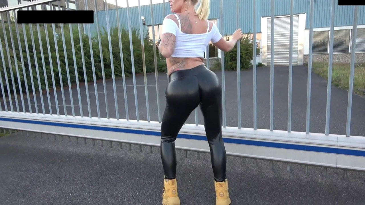Slut in leather leggings fucked in public and swallows