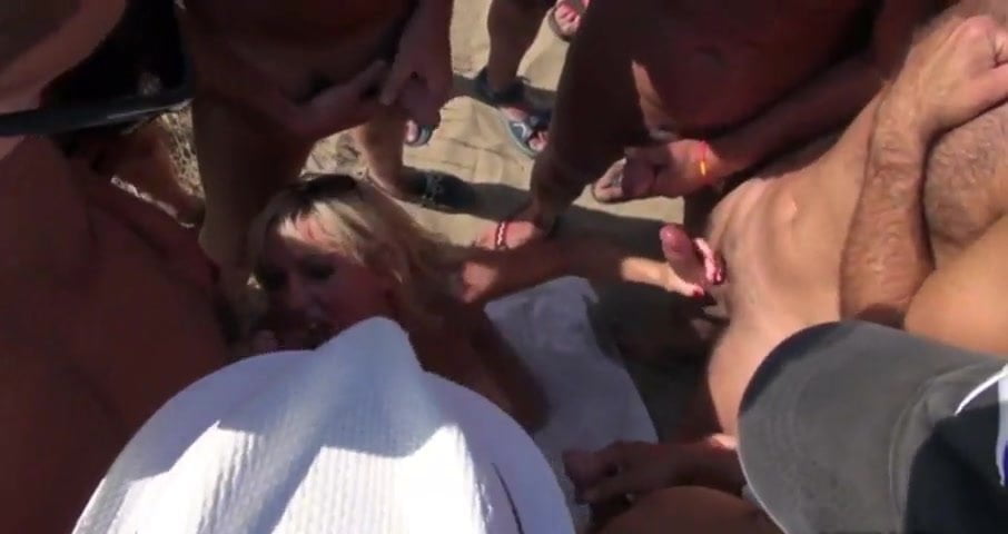 Dozens strangers men pour blonde on beach Cap d'Agde