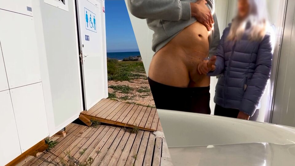 I surprise a girl who catches me jerking off in a public bathroom on the beach and helps me finish cumming