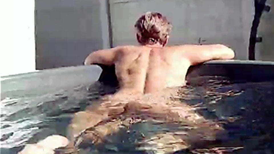 Bathing a cheerful housewife Lukerya in a mini pool naked under bright sunlight