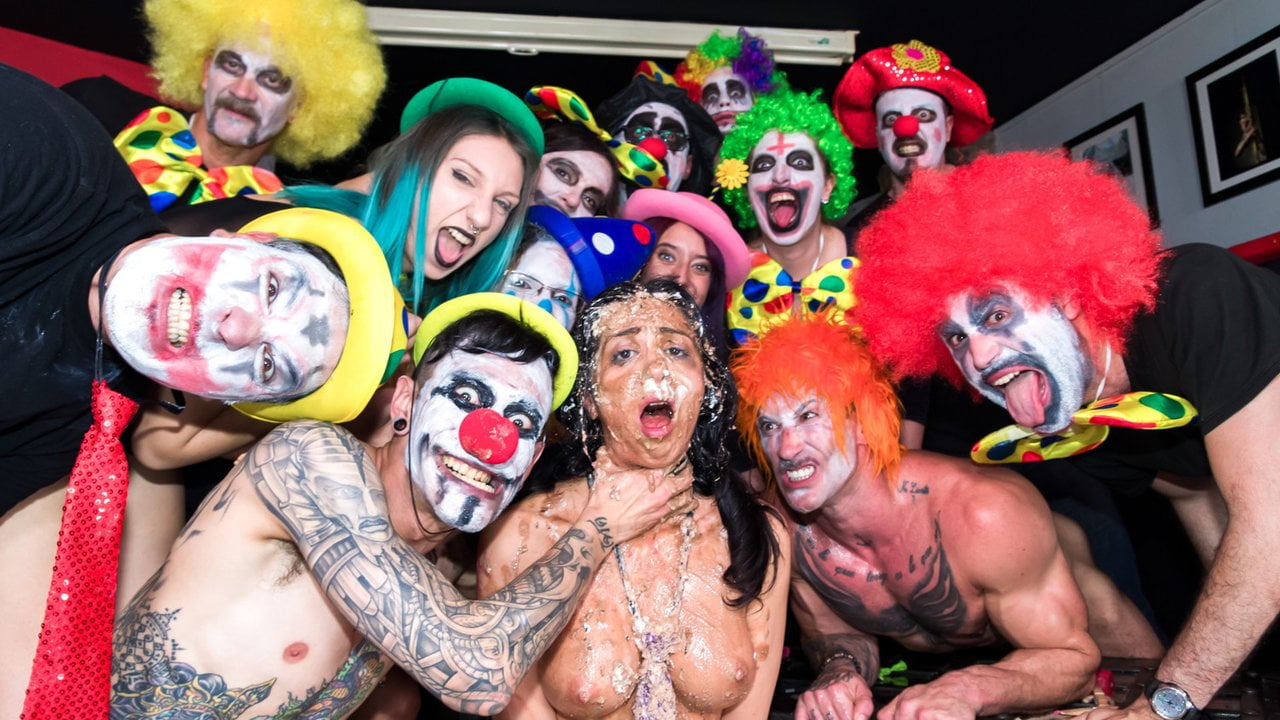 CROWD BONDAGE - Kinky clown orgy party for slave girl